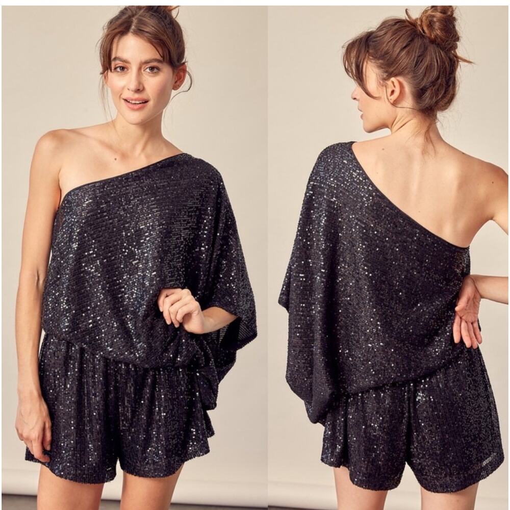 Mustard Seed asymmetrical, one shoulder, black sequin romper in size M